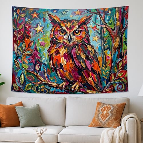Colorful Owl Tapestry, Vibrant Art...