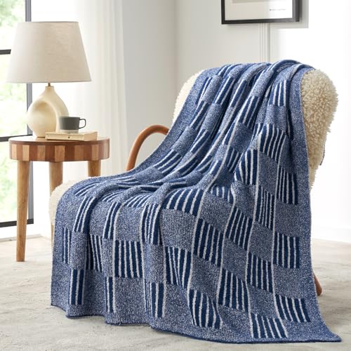 Snuggle Sac Navy Checkered Faux Fur Throw Blanket for Couch, Reversible Soft Cozy Blankets for Sofa Bedroom,Cute Lightweight Striped Throws for Women,Heather Navy,50x60 inches