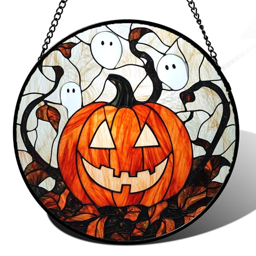 Image of Stained Glass Window Hanging - Halloween Decorations Pumpkin Ghost Suncatcher for Doors Garden Indoor Spooky Funny Orange Sun Catchers Gothic Decor Horror Gifts for Women Men Friend 9.8 in