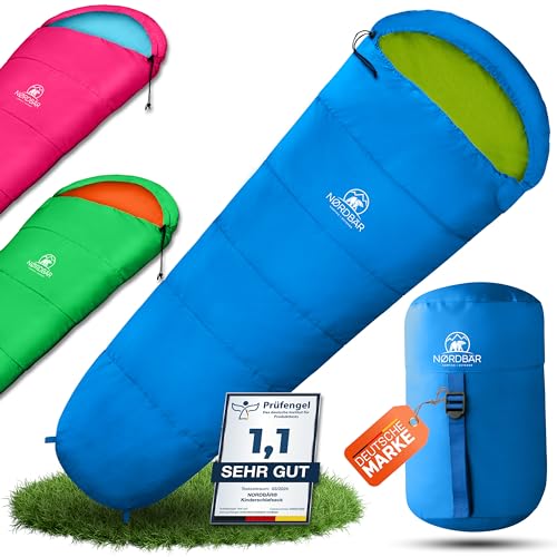 NORDBÄR® Kinderschlafsack für Jungs & Mädchen [175 x 70 x 45 cm] | Innenfutter aus 100% Baumwolle | Mumienschlafsack leicht & warm | Kinder Outdoor Schlafsack [1200g] | Camping Kinderschlafsäcke