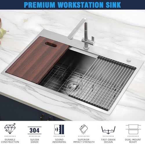 Image of 33 Undermount Kitchen Sink Modern - 33x22 Drop-in Kitchen Sinks, 18 Gauge 304 Stainless Steel Workstation Sink, Deep Single Bowl, Dual Mount, Handmade Basin, 8.9 Inch Deep, Built-In Accessories