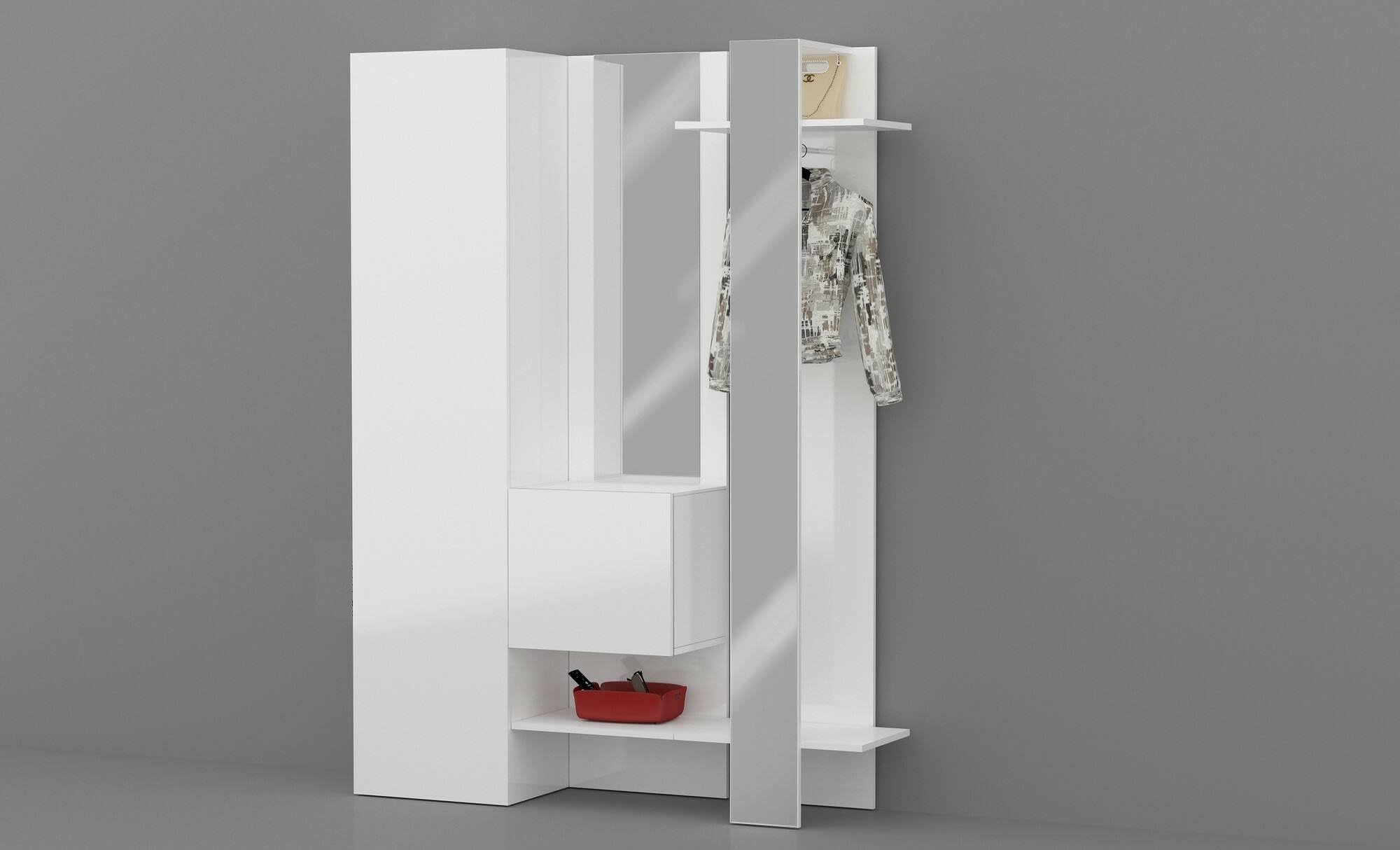 Dmora - Mobile da ingresso Vilmaro, Armadietto multifunzione a 2 ante, Appendiabiti da parete con 2 specchi, 140x35h190 cm, Bianco