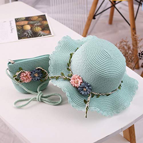 Girls Straw Hat 2-8 Age Tourism Sun Hat Flower Children Sun Hat and Bag Set Baby Outdoor Wide Brim Bucket Hats for Kid Mint Green, One Size2