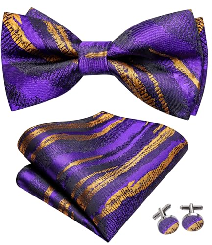 Image of Hi-Tie Bow Ties for Men Pre-Tied Pocket Square with Cufflinks Mens Bowtie Sets for Wedding Formal Party