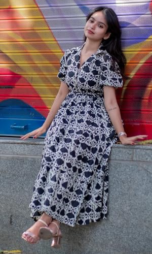Image of Sun Fashion And Lifestyle Women's Rayon Printed Maxi Length Dress | Puff Sleeve Button Down Dress | Fit & Flare Casual Wear Dress for Women & Girls (GWN3 Cream)