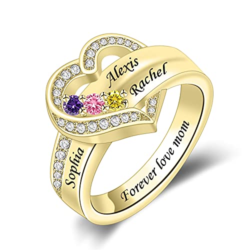 BAUMA AUTO Personalized Mother Ring with 1-8 Simulated Birthstones Heart Ring Custom Wedding Family Engraved Name Ring for Mom Women Grandma Her4