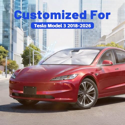 Image of Car Windshield Sun Shade for Tesla Model 3 2018-2026 -[Reflective Coated Fabric] Sunshade Umbrella for Front Window, Car Shades Sun Visor Keep Car Cool and Protects Interior, 1:1 Exact Fit