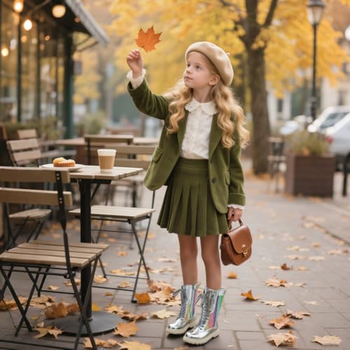 kkdom Girls Knee High Lace Up Side Zipper Mid Calf Combat Riding Boots Sparkly Rainbow Winter Boots for Kids Party Christmas Holiday2