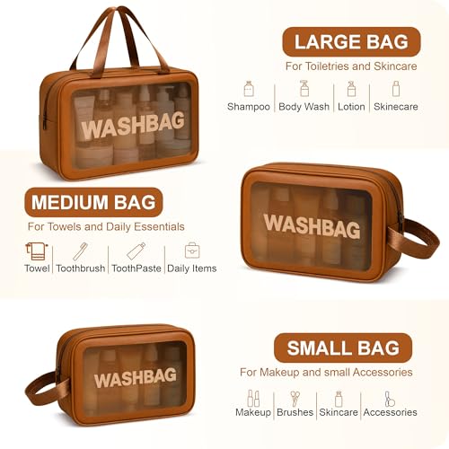 Image of FLYNGO Clear Makeup Pouch Set, Cosmetic Organizer Bag for Women and Girls Travel Waterproof Toiletry Storage Kit (Set of 3 Tan Brown)
