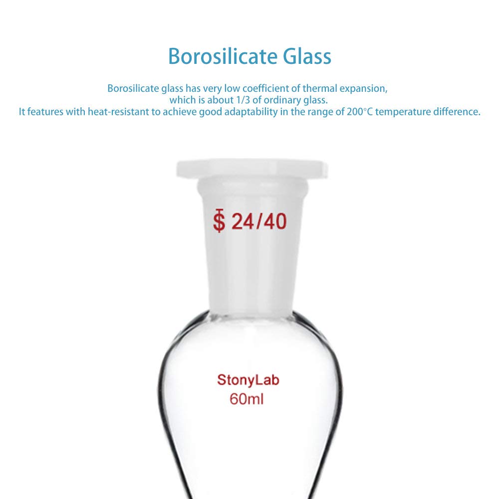 StonyLab 60 ml Embudo Separador, Separatory Funnel de Pared Pesada de Vidrio de Borosilicato con Juntas 24/40 y Tapón PTFE - 60 ml