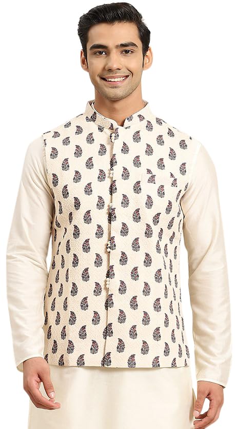Mens Nehru Jacket, Cotton Blend Printed Off White Waistcoat for Men-image-33