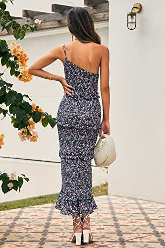 Image of PRETTYGARDEN Women's Summer Midi Bodycon Dresses One Shoulder Strappy Tiered Ruffle Floral Boho Sun Dress