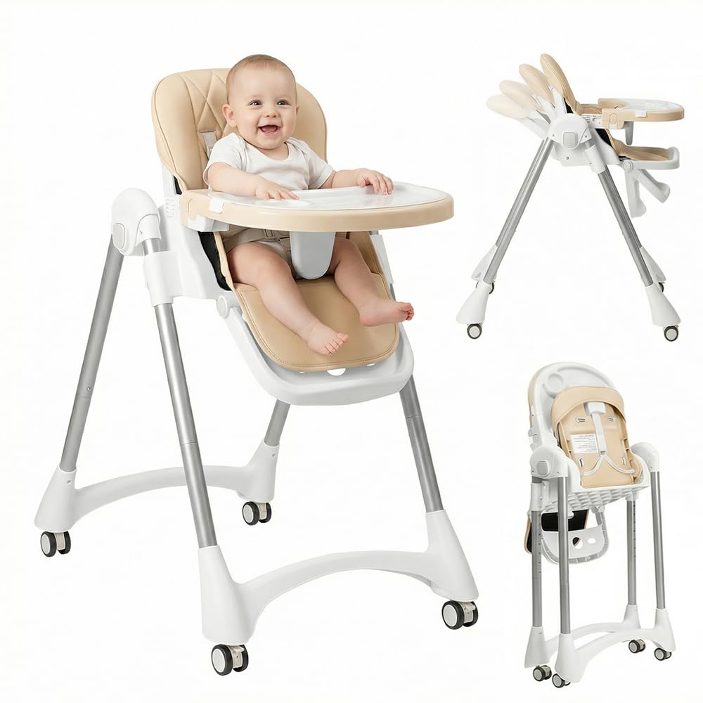 Chaise Haute Bébé, Chaise Haute Bébé Évolutive et Pliable, Hauteur Réglable Chaise Enfant, Dossier Inclinable 4 Positions, Repose-Pieds Ajustable, Harnais 5 Points,avec Coussin, Beige