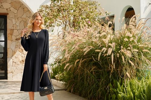 GRACE KARIN Women's 2025 Casual Long Lace Sleeve Dresses, Summer Flowy Crewneck A Line Plain Midi Dress with Pockets4