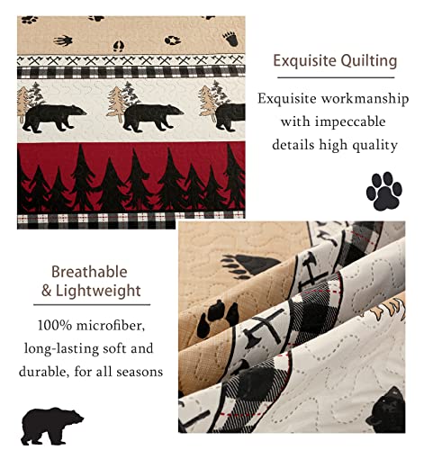 Chesity Rustic Quilt Bedding Set King Size Quilt Bedspread Plaid Quilts Lodge Cabin Bedding Coverlet Black Deer Bear Paw Printed Reversible Lightweight Black White Patchwork Bed Cover Country Decor #TOP3