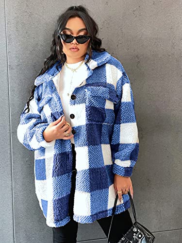 Women Plaid Jacket Faux Fur Fleece Teddy Coat with Button Front & Flap Pockets,Warm Sherpa Jacket,0XL-4XL,3 Color2