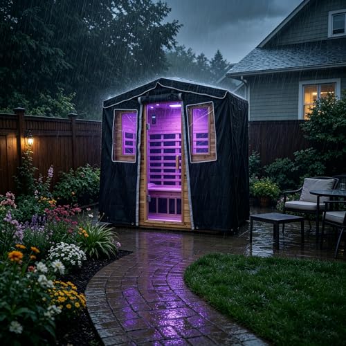 Image of 3-Person Outdoor Sauna Protective Cover, Waterproof 3-Layer Oxford Cloth Cover | Hook & Loop Roll-Up Door, Heat & Dust Protection, Compatible with Hillside Roof Sauna Max 81.1*45*83.5 Inch