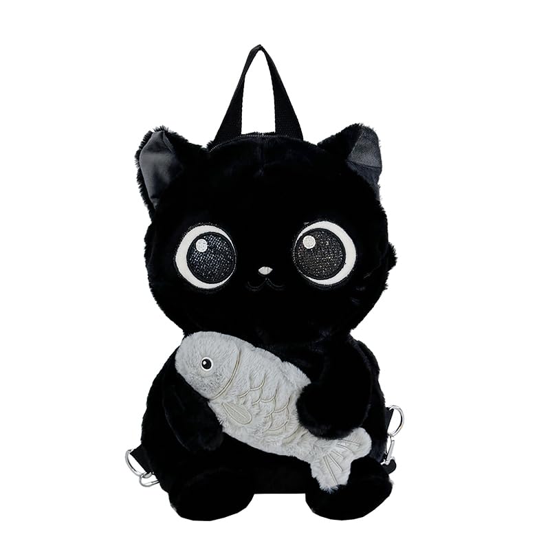Ueeksry Cute Plush Black Cat Backpack, Plush Cat Bag, Stuffed Animal Backpack, Shoulder Bag Crossbody Bag, Cute Cartoon Bag for Women