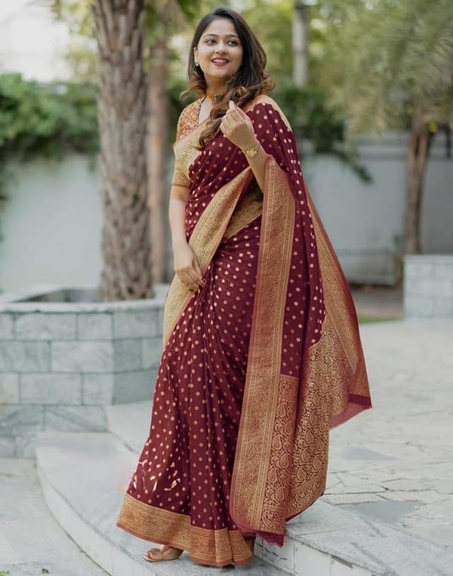 SIRIL Women's Banarasi Soft Silk Saree With Unstitched Blouse Piece (4181S117_Maroon) - Image 2 thumbnail