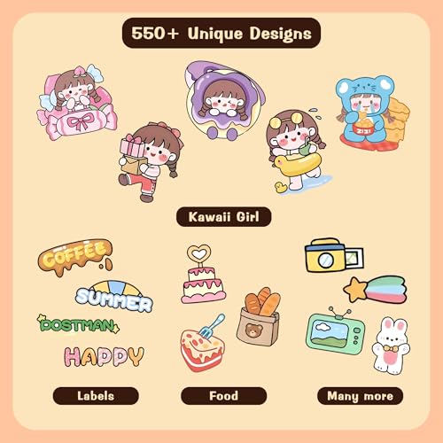 Image of CodersParadise - 550 Vibrant Kawaii Girls Journal Stickers, 6 Colour Designs and Patterns Vintage Retro Stickers for Journal, Scrapbooking, Projects Multicolour