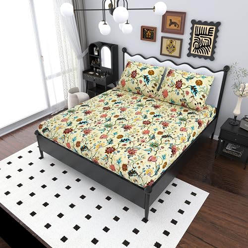 Image of Mafatlal Saanjh 144 TC Cotton King Bedding Set 108x108 Inch | Cooling Summer Fabric | Floral Printed Top Sheet | Block Printed | Comfortable Smooth Touch | Pillow Cover Included | Pastel Yellow