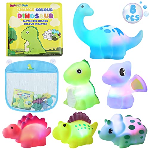 Light Up Bath Toys For Toddlers Kids Baby Boys, No Hole Dinosaur Bath Toys With Bath Book & Organizer, Led Light Bath Time Water Toys For Bath Tubs Bathrooms Pool, Gift For Toddlers Boys Infants #TOP1