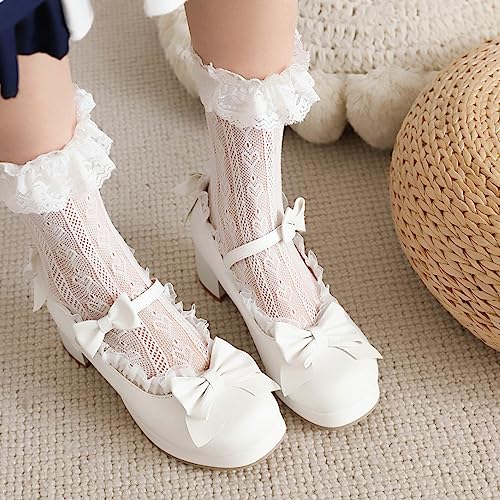 Cute Kawaii Shoes Ankle Strap Mary Jane Platform Chunky Mid Heel Bowknot Pumps Round Closed Toe Lace Strappy Goth Dress Shoes Women3
