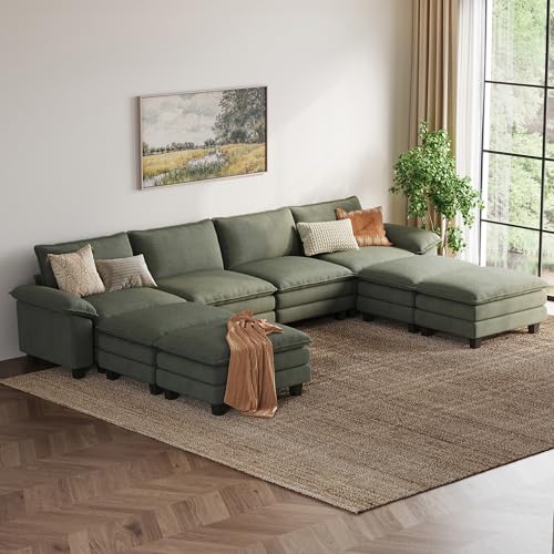 Image of LINSY HOME 157'' Modular Sectional Sofa 4 Seat Couch Corduroy Cloud Couch with Deep Seat, Modern Cloud Couch with 4 Movable Ottoman for Living Room, Office, Bedroom, Green