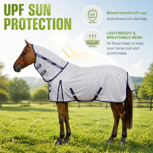 Image of Horse Summer Sheet Breathable Mesh Blanket with Neck, Size 76 Light Gray | Full Neck Coverage, Adjustable Chest Belly and Leg Straps, Lightweight Sun Cover for Pasture Stable Turnout and Travel