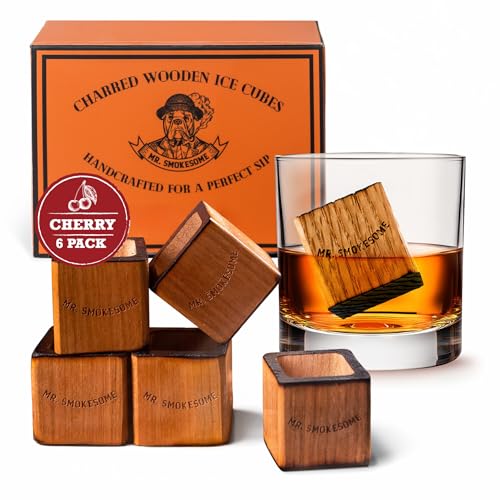 Charred Wooden Bourbon Stones Set | 6 Cherry Wood Reusable Ice Cubes for Whiskey Glasses | Bourbon Gifts for Men | Charred Like A Whiskey Barrel