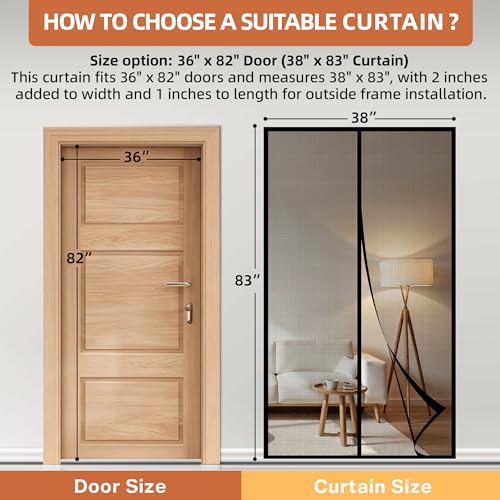 Image of METAONLY Fiberglass Magnetic Screen Door Mesh, Works for Patio, Sliding Door, Keeps Bug Mosquito Out, Fresh Air Flow, Fits 36 inch x 82 inch Door - Curtain Size 38 inch x 83 inch, Black