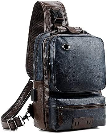 Small Blue Sling Crossbody Backpack Shoulder Bag for Men Women Vintage PU Leather CrossBody One Strap Casual Sling Backpack Cycling USB Charger
