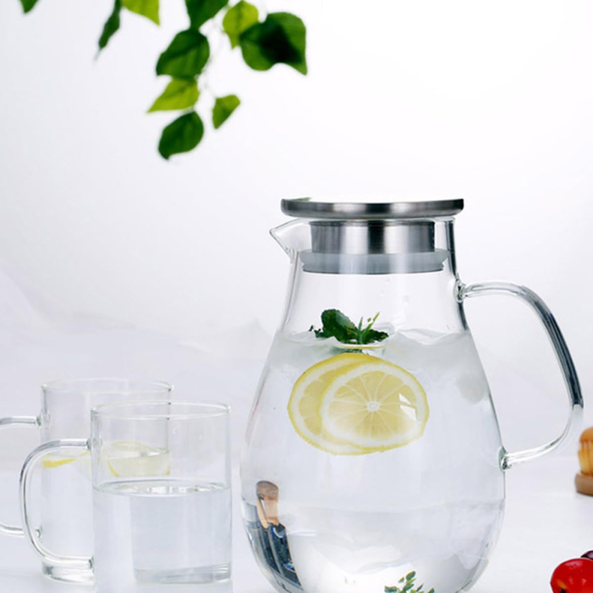 1 Stück Großer Glaswasserkrug mit Edelstahldeckel Hohe Kapazität Tropffrei für Kaltes Wasser oder Saft im Haushalt