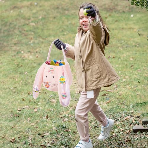 Image of Easter Bunny Basket for Kids, Cute Plush Big Ear Easter Basket with 50PCS Easter Stickers Pack for Boys Girls Easter Gifts for Egg Hunting Basket (Pink)
