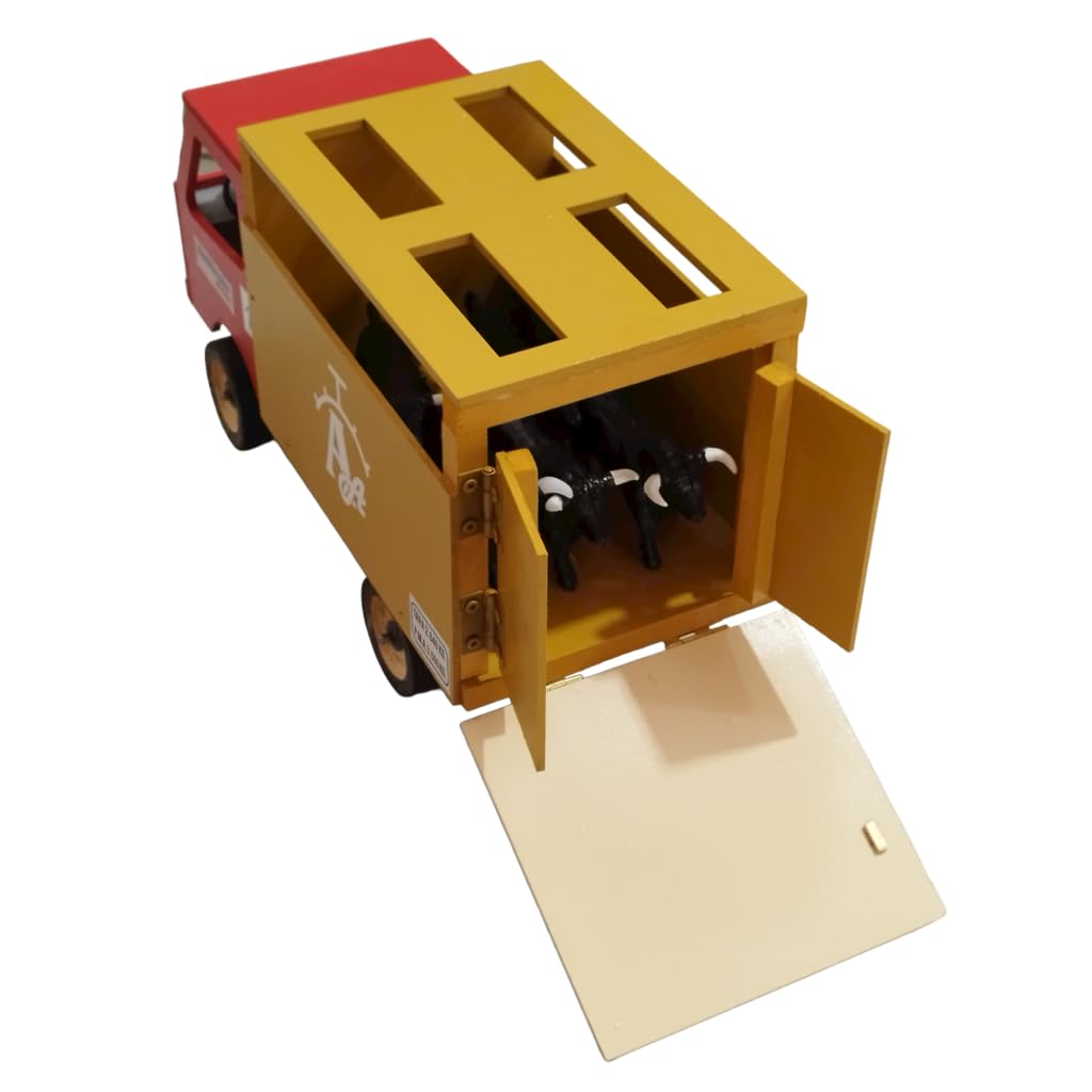 Camion de Toros de Juguete - Juguete Artesanal de Madera MDF con Rampa y 6 Toritos incluidos - Pintado a Mano - 30x13x19 cm - Ideal para niños y coleccionistas
