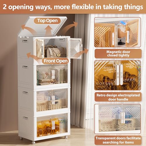 Storage Bins with Lid 76QT, Stackable Storage Containers with Wheels and Magnetic Doors, Plastic Clothes Closet Organizers and Storage Box for Pantry, Home and Office(2 Pack)