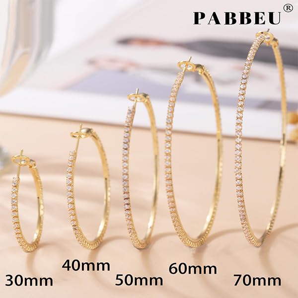 PABBEU 2mm 925 Sterling Silver Earrings Big Sterling Silver Hoop Earrings for Women Large Rhinestone Hoop Earrings Thin Hypoallergenic Cubic Zirconia Earrings for Women 30/40/50/60/70mm: 30mm Gold