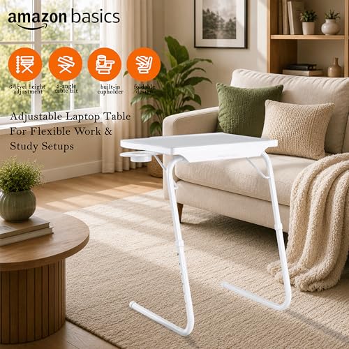 Image of amazon basics Pro Smart | Lounge Mate Smart | Height Adjustable Laptop Table | Adjustable Table Angle | Cupholder | Carbon Steel | Foldable | Dove White | 75 cm - H, 55 cm - L, 40 cm - W
