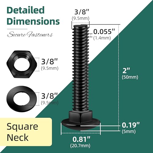 Image of (8 Sets) 3 /8-16 x 2 Carriage Bolts with Nuts and Washers, 304 Stainless Steel Round Head Square Neck 3 /8 Carriage Bolts Screws, Full Thread Black Oxided for Outdoor