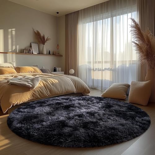 Image of Premium Round Shaggy Carpet Plain Fur Rugs for Hall and Drawing Room 7x7 Feet Microfiber & Polyster Modern Interior Floor Mat Dark Grey