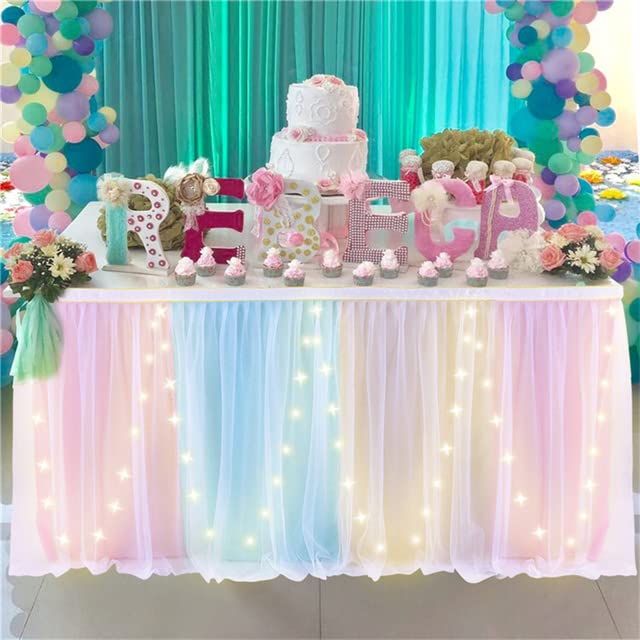 EndyAk Saia de mesa de tule com folhos e luzes LED para casamentos, festas, revelação de género, baby shower ou decoração de aniversário - 6,9 pés x 77 cm
