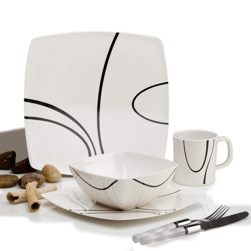 FLAMEFIELD Zen 16-Piece Melamine Set - Modern Minimalist Square Dinnerware, Sleek Design Plates & Bowls for Stylish Dining,Dishwasher Safe, Refined Simplicity for Every Occasion