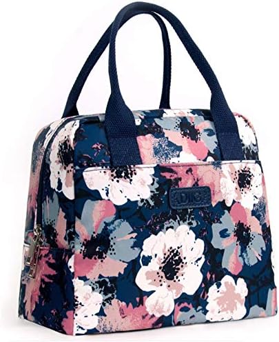 DIIG Lunch Box for Women, Insulated Lunch Bags for Women, Large Cooler Tote For Work, Floral Reusable Snack Bag with Pocket, Sunflower Printing/Gray/Black/White (Floral/113)