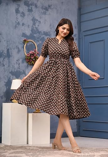Image of LABEL ADRIJA Pure Cotton Calf Length Midi Dress for Women Floral Print | Flared Anarkali Dress Puff Sleeves
