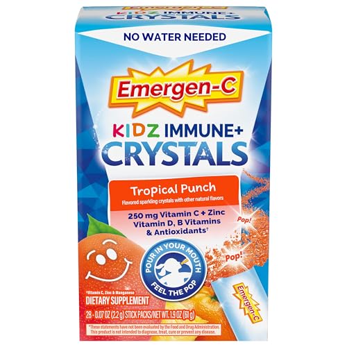 Emergen-C Kidz Immune Plus Crystals, On-The-Go Immune Support Supplement with Vitamin C, Vitamin D, B Vitamins, Zinc and Manganese, Tropical Punch, Back to School Essentials – 28 Stick Packs