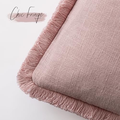 Image of Foindtower Set of 2 Decorative Linen Fringe Throw Pillow Covers Cozy Boho Farmhouse Cushion Cover with Tassels Soft Accent Pillowcase for Couch Sofa Bed Living Room Home Decor,24x24 Inch,Rose Pink