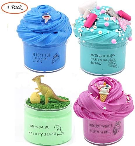 EASYCITY 4Pack Colorful Slime, Unicorn Slime,Mermaid Slime, Shark Slime Dinosaur Slime, Stress Relief, Prize, Party Favor, Educational Slime for Girls