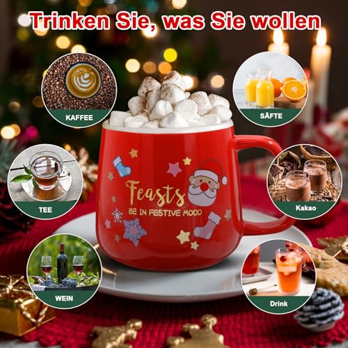 LIHAO Weihnachtstasse Rot Kaffeebecher Weihnachten Tasse Winter Kaffeepott Henkeltassen Weihnachtsmann Schneeflocken Becher Weihnachten Geschenkset Geschenke (Keramik) – Bild 4