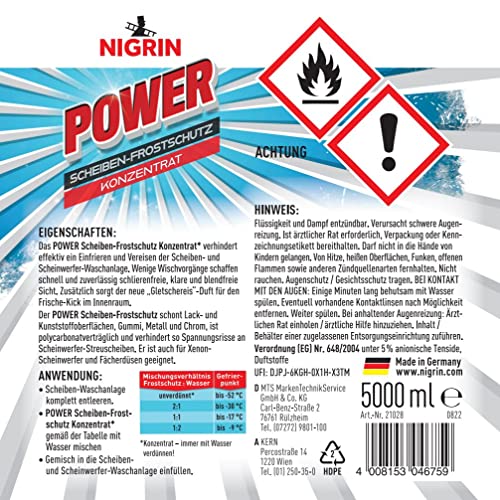 NIGRIN POWER Scheiben-Frostschutz Konzentrat Gletscherfrische | 5 Liter | Reinigungszusatz für Autoscheiben und Scheinwerfer | wirksam bis -52 °C | polycarbonatverträglich | schlierenfrei