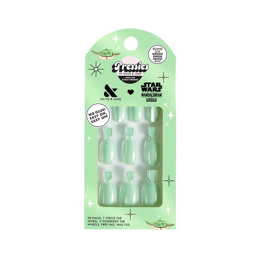 Olive & June Pressies Kids Press-On Nails (No Glue) | Star Wars: The Mandalorian & Grogu | 28 Fake Nails 14 Sizes 1 Nail File | Easy On-Off Mani Non-Toxic Tabs | S/M Round | Grogu Green Velvet
